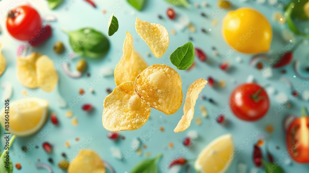 Potato chips floating with a background of various fresh ingredients. Potato chips floating with a background of various fresh ingredients.