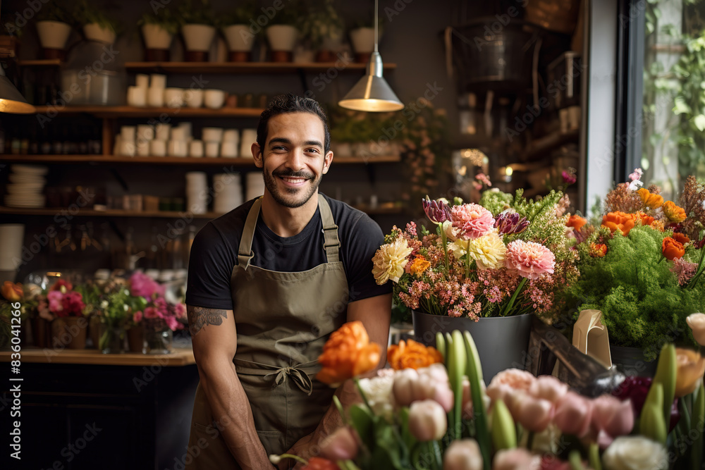 Handsome florist making bouquets in flower shop Handsome florist making bouquets in flower shop