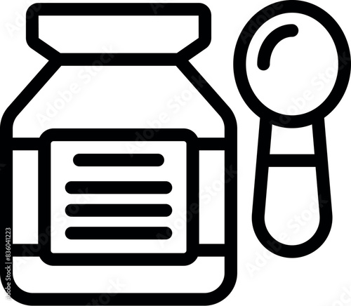 Black outline vector icon of a closed medication jar next to a dosage spoon