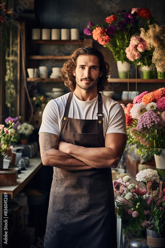 Handsome florist making bouquets in flower shop photo