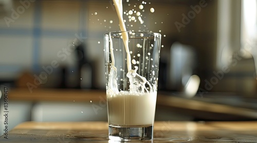 Pouring milk into a clear glass with a blurred kitchen background, focusing on the milk.