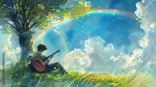 Musician Playing Guitar Amidst Scenic Rainbow Landscape © Everything by Rachan