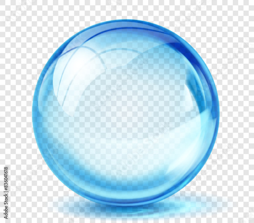 Large translucent shiny sphere of light blue color with glare and shadow on transparent background. Vector illustration for design projects and creative works