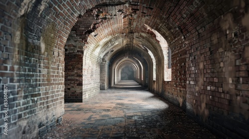 Perspective of the passageway within a historic brick structure