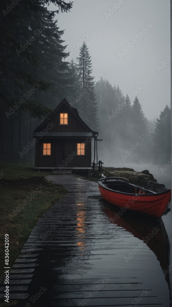 Fototapeta premium Fairy Tale Cottage in Snowy Forest with Glowing Windows. Hyge concept.