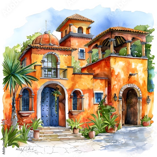 Mexican Hacienda Watercolor Painting on Solid White Background

