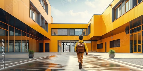 A child with a backpack walks through a rainy courtyard towards a modern school building, symbolizing resilience and determination in the pursuit of education and growth. photo