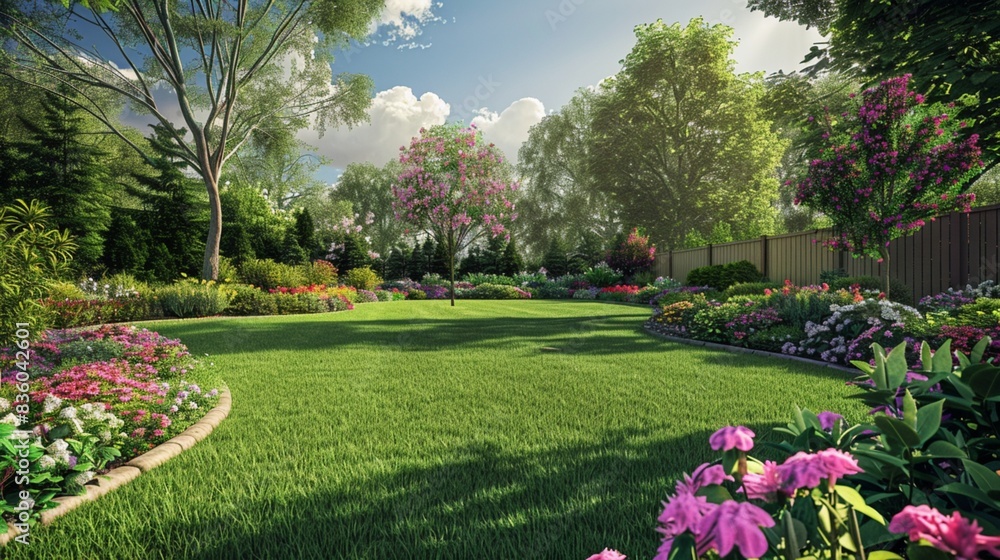 Beautiful garden with a green mowed lawn and colourful flower bed. Generative AI