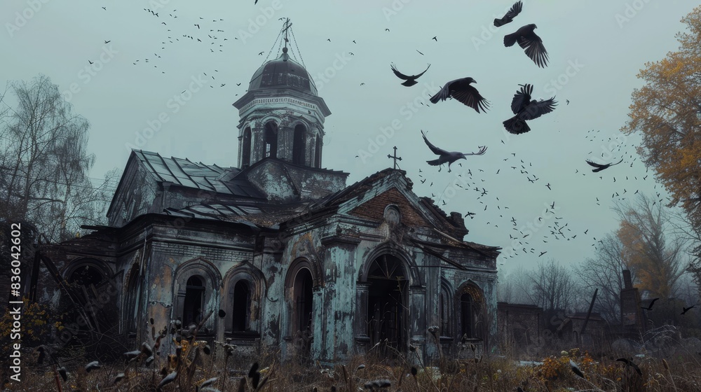 A flock of crows is circling around an abandoned church like in horror movies. The Orthodox Church