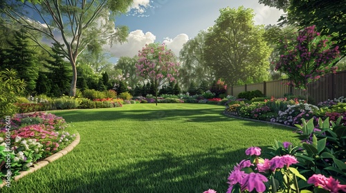 Beautiful garden with a green mowed lawn and colourful flower bed. Generative AI