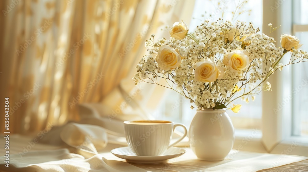 Yellow roses with gypsophila bouquet in minimalist vase and a cup of coffee on the table