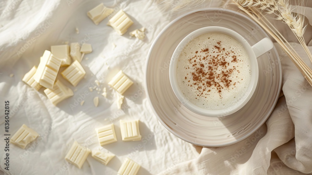 A cup of coffee with white chocolate on the table top view A cup of coffee with white chocolate on the table top view