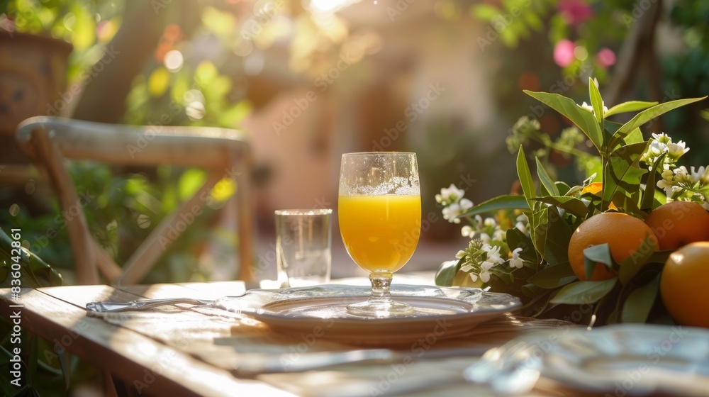 A glass of orange juice on a table outdoor A glass of orange juice on a table outdoor