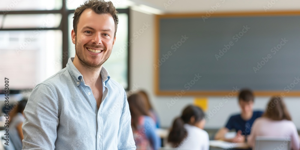 A cheerful man stands at the front of a brightly lit classroom, smiling while students work in the background, creating an optimistic learning environment. A cheerful man stands at the front of a brightly lit classroom, smiling while students work in the background, creating an optimistic learning environment.