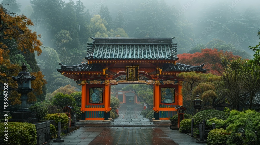 Fototapeta premium Red Buddhist gate surrounded by green trees