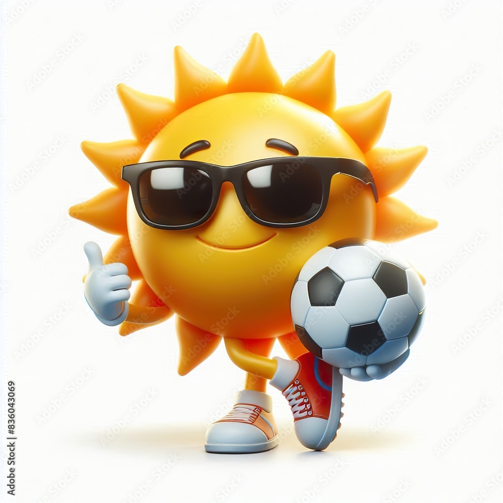 Naklejka premium 3D sun emoji wearing sunglasses holding a soccer ball on a white background