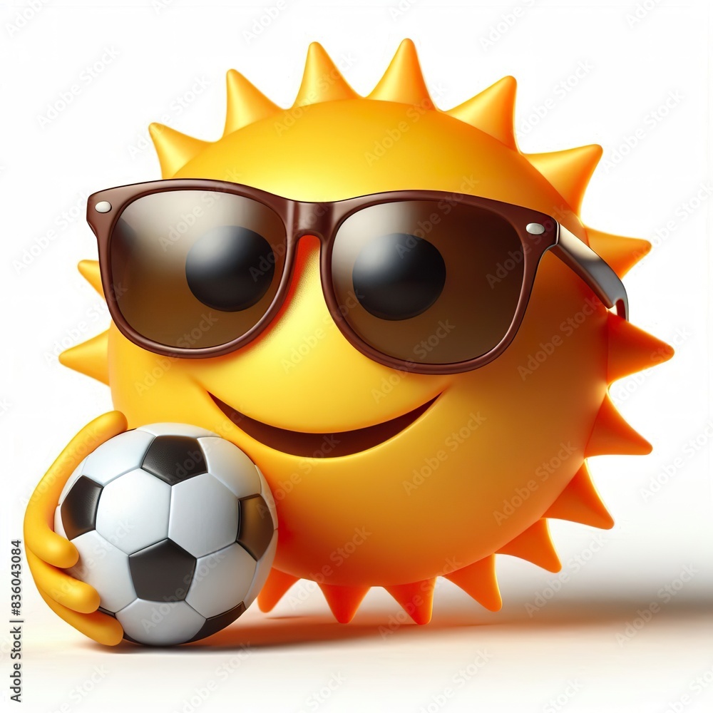 3D sun emoji wearing sunglasses holding a soccer ball on a white background 3D sun emoji wearing sunglasses holding a soccer ball on a white background