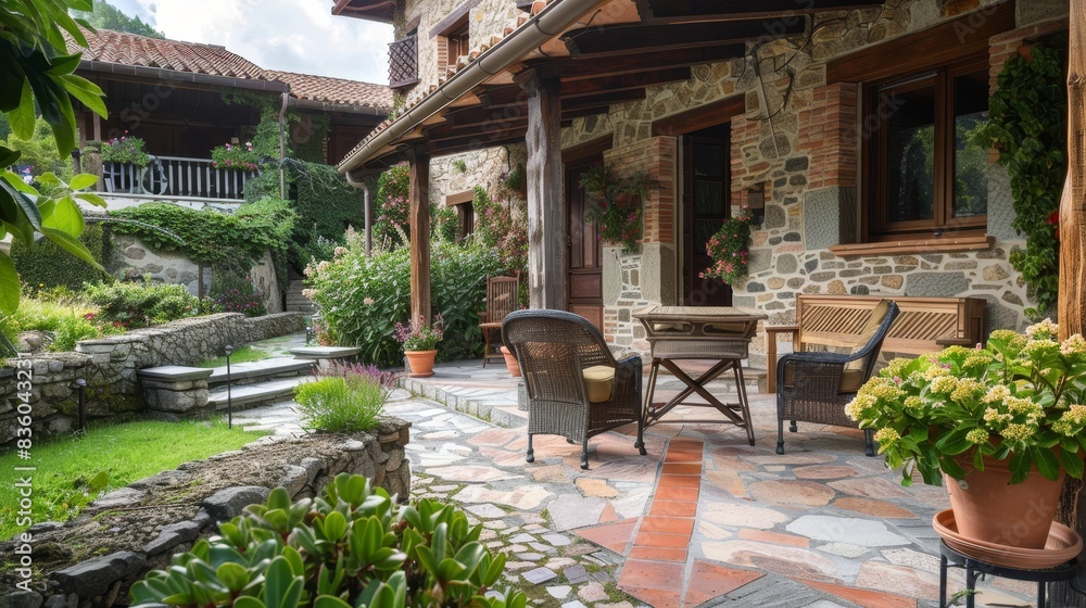 Obraz premium Facade and courtyard of a traditional house whose walls are made of stone
