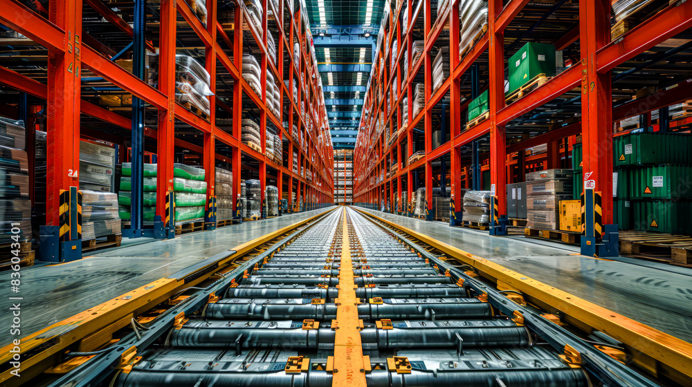Fototapeta premium Modern Logistics and Supply Chain Management A Well-Organized Warehouse with Efficient Inventory Storage and Advanced Distribution Systems Showcasing Seamless Operations Wallpaper Digital Art Poster