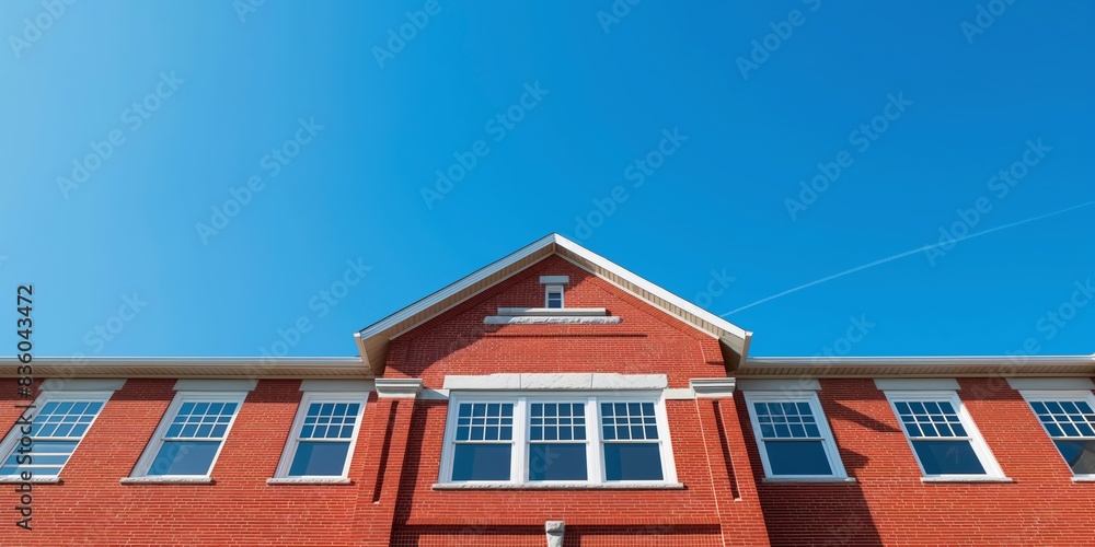 A wide-angle view of a classic brick school building from below with large windows, under a clear blue sky, representing educational institutions and childhood memories. A wide-angle view of a classic brick school building from below with large windows, under a clear blue sky, representing educational institutions and childhood memories.