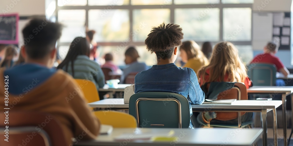 Obraz premium A classroom setting with students seated at desks, focusing on a central pupil, capturing the essence of educational environments and youthful learning experiences.