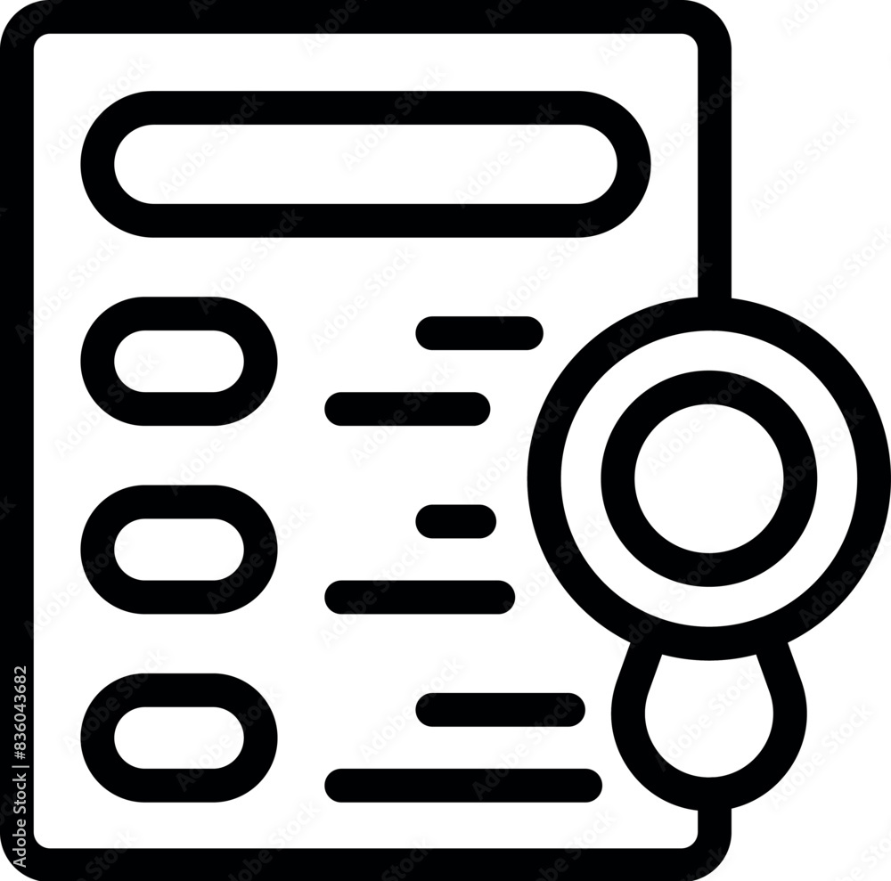 Black and white line art illustration of a checklist clipboard with a magnifying glass Black and white line art illustration of a checklist clipboard with a magnifying glass