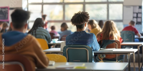 A classroom setting with students seated at desks, focusing on a central pupil, capturing the essence of educational environments and youthful learning experiences.