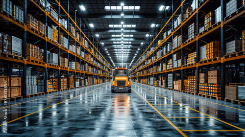 Modern Logistics and Supply Chain Management A Well-Organized Warehouse with Efficient Inventory Storage and Advanced Distribution Systems Showcasing Seamless Operations Wallpaper Digital Art Poster