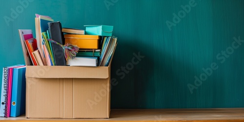 A cardboard box filled with various office supplies such as binders, folders, and notebooks placed on a wooden table, representing organization and moving offices.