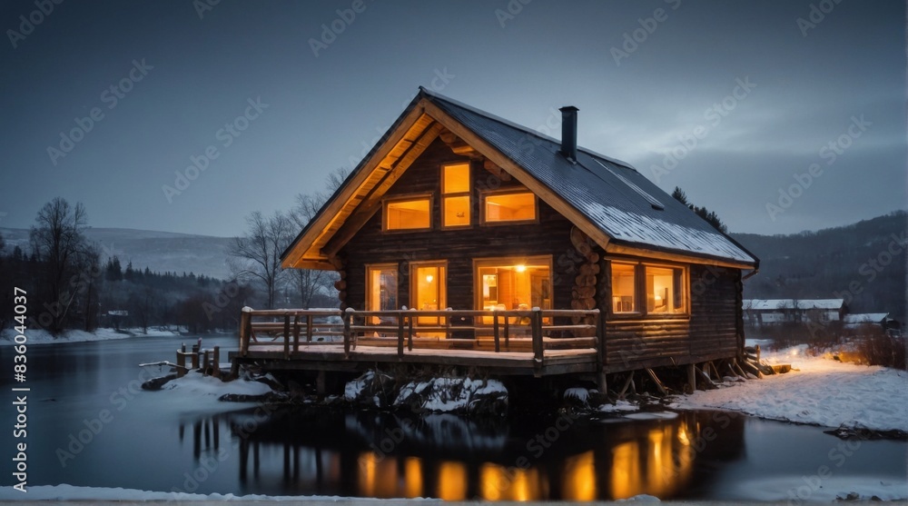 Fototapeta premium Fairy Tale Cottage in Snowy Forest with Glowing Windows. Hyge concept.