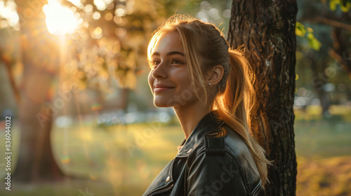 Young woman finds serenity in a sunlit park  her smile exuding warmth and joy