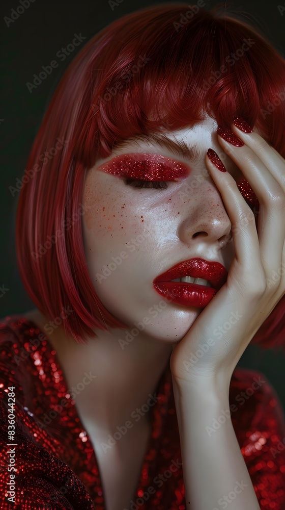 Fototapeta premium Stylish Red Bob Model: Fashion and Glamour