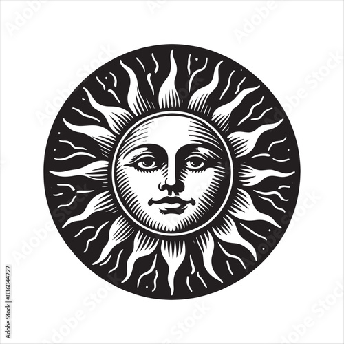 Sun with face. Isoteric vector illustration. vintage black engraving, emblem, logo