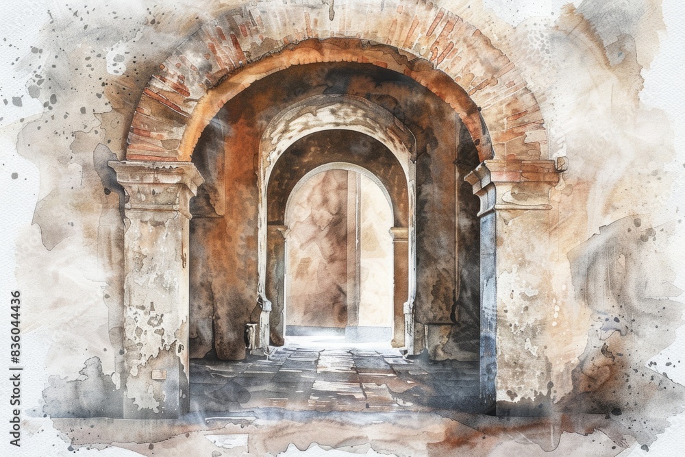Ancient Stone Arch. Line Art Watercolor Painting of Antique Architecture Ancient Stone Arch. Line Art Watercolor Painting of Antique Architecture