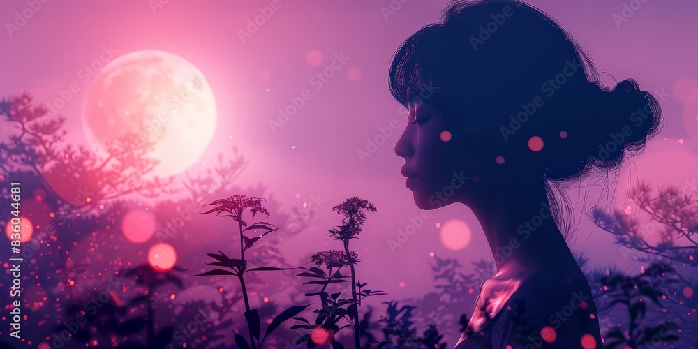 sur un fond violet et rose et blancqui représente des bulles rose et violette, une silhouette de femme est remplie d'un paysage avec des arbres japonais. Contraste artistique entre le fond et la silh sur un fond violet et rose et blancqui représente des bulles rose et violette, une silhouette de femme est remplie d'un paysage avec des arbres japonais. Contraste artistique entre le fond et la silh