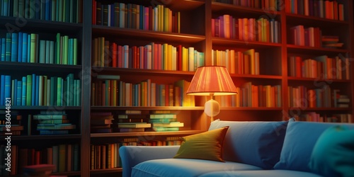 A cozy reading corner is depicted in this image, featuring a comfortable sofa, a warm lamp, and fully stocked bookshelves, creating an inviting space for relaxation and reading.