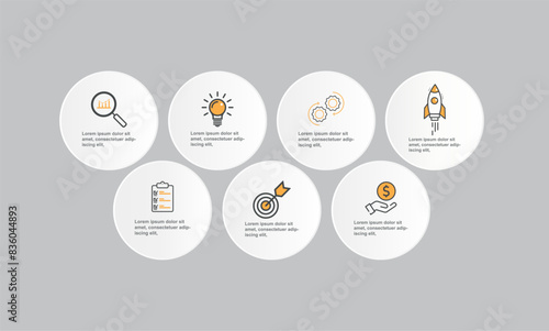 Cercle Business infographics template. Presentation with 7 steps, options, and squares. Vector template.
