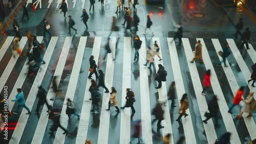Crowded street at rush hour time lapse. Modern urban city life. Busy people hurry up. Lots of Pedestrian crowd walk road. Town never sleep concept. Public day at downtown. Blur background.