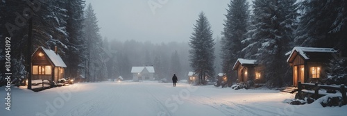 Fairy Tale Cottage in Snowy Forest with Glowing Windows. Hyge concept. photo