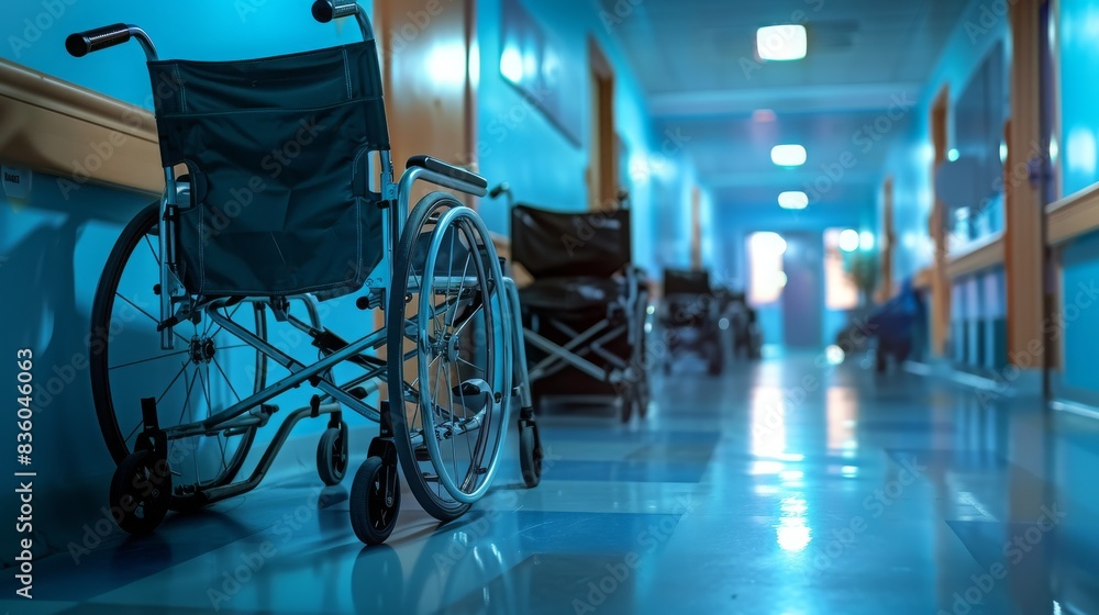 Empty wheelchairs lined up in a hospital corridor under soft lighting, symbolizing healthcare and accessibility. Concept of medical care, mobility, and support.
Empty wheelchairs lined up in a hospital corridor under soft lighting, symbolizing healthcare and accessibility. Concept of medical care, mobility, and support.