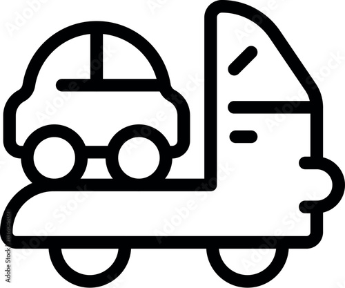 Black and white line art of a flatbed tow truck for vehicular assistance