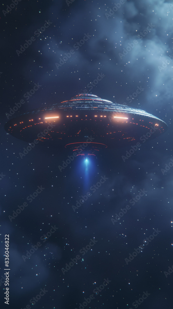 A large spaceship is flying through the sky above a cloudy background A large spaceship is flying through the sky above a cloudy background