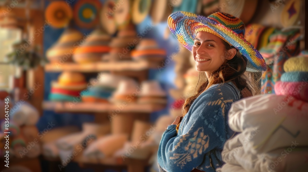 Obraz premium Smiling woman in a colorful hat and traditional attire in a vibrant shop filled with various handmade hats. Concept of culture, craftsmanship, and tradition. 