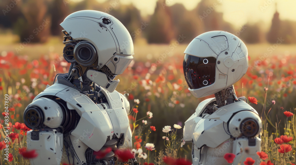 Couple of robots in love in blossoming field Couple of robots in love in blossoming field