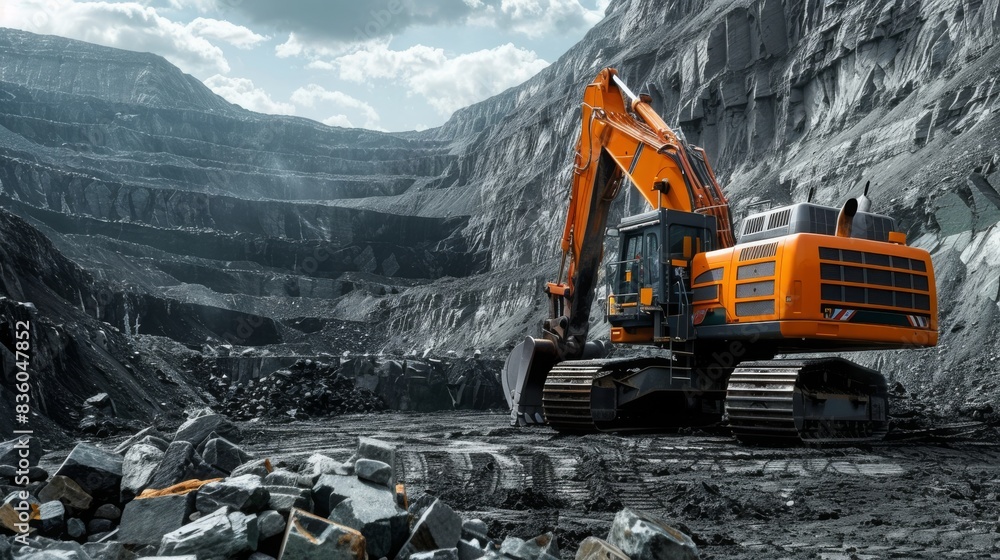Large orange excavator working in a rocky open-pit mine under a cloudy sky. Concept of construction, industry, machinery, and mining.
Large orange excavator working in a rocky open-pit mine under a cloudy sky. Concept of construction, industry, machinery, and mining.