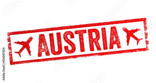 Austria - is a landlocked country in Central Europe, lying in the Eastern Alps, text emblem stamp with airplane