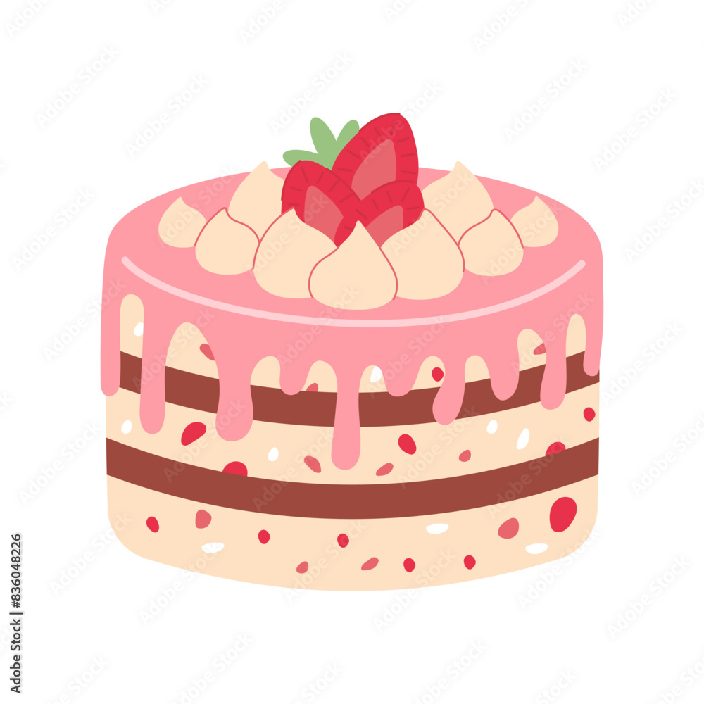 Birthday Cake with strawberry. Simple birthday cake isolated on white. Flat cartoon design for postcards and stickers, birthday party invitation Birthday Cake with strawberry. Simple birthday cake isolated on white. Flat cartoon design for postcards and stickers, birthday party invitation