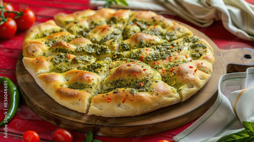 focaccia with pesto on a round wooden board on a red wooden background. Generative Ai focaccia with pesto on a round wooden board on a red wooden background. Generative Ai