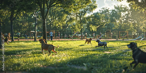 Fototapeta Naklejka Na Ścianę i Meble -  group of dogs, A dog park area in the park, with dogs playing fetch, running around, and interacting with other dogssss