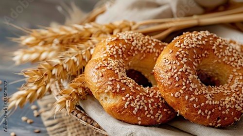 close up sesame bread rings with wheat ears . Generative Ai